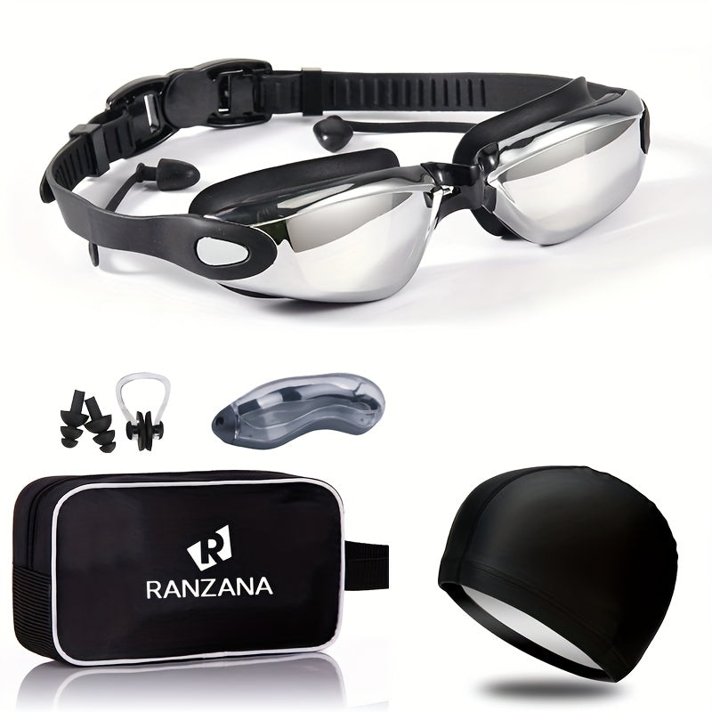 Anti-Fog Racing Swim Goggles Set 6-in-1 – HD UV Protection Silver Coated PC Lens, Waterproof PU Swim Cap, Nose Clip, Earplugs