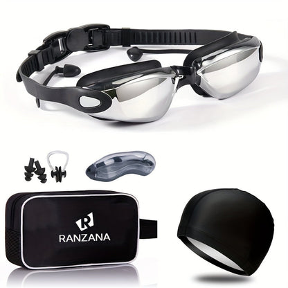 Anti-Fog Racing Swim Goggles Set 6-in-1 – HD UV Protection Silver Coated PC Lens, Waterproof PU Swim Cap, Nose Clip, Earplugs