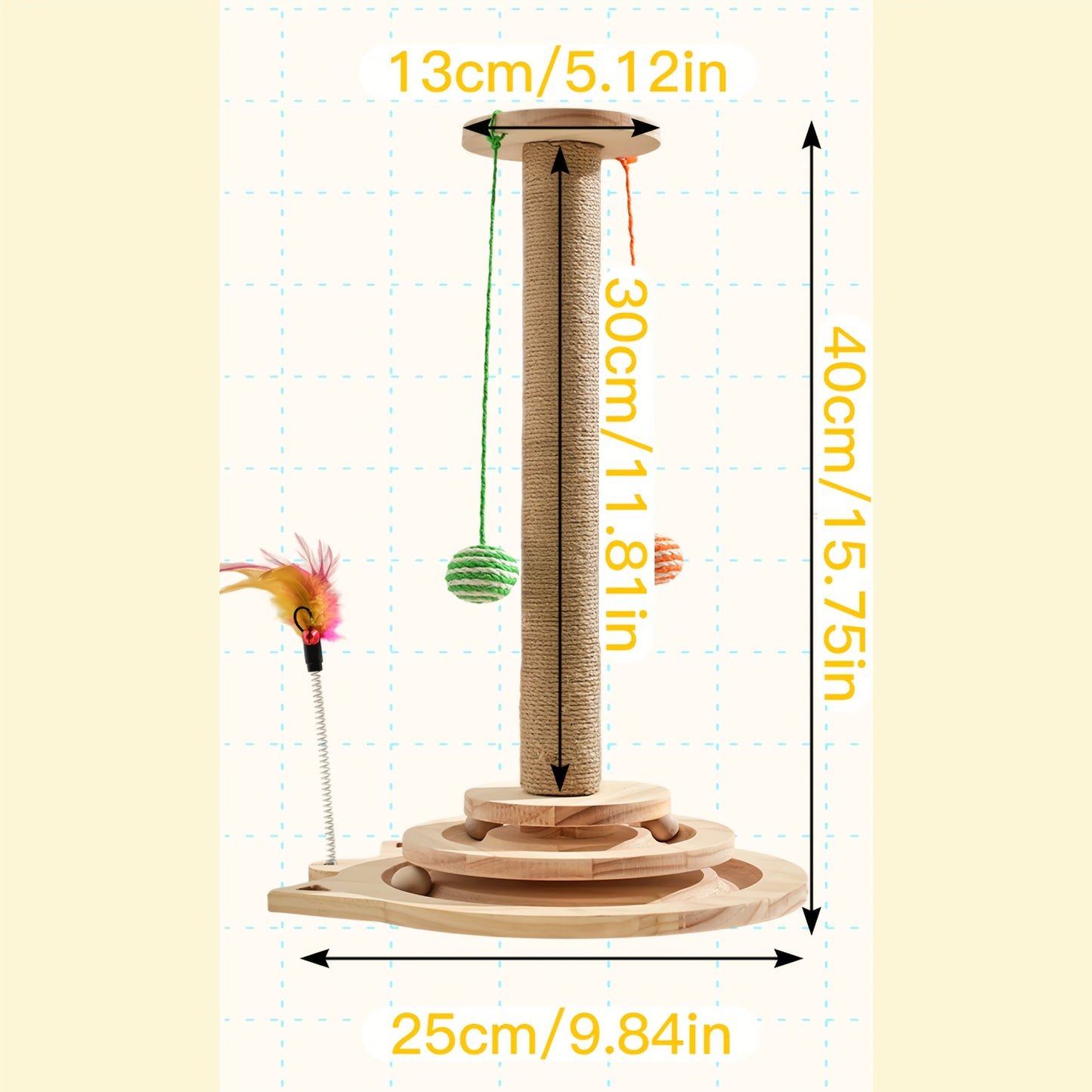 Multi-Level Sisal Cat Scratching Post 4-in-1 with 6 Wooden Balls 2 Hanging Balls & 2 Feather Teaser Toys – Premium Thickened Sisal Anti-Slip