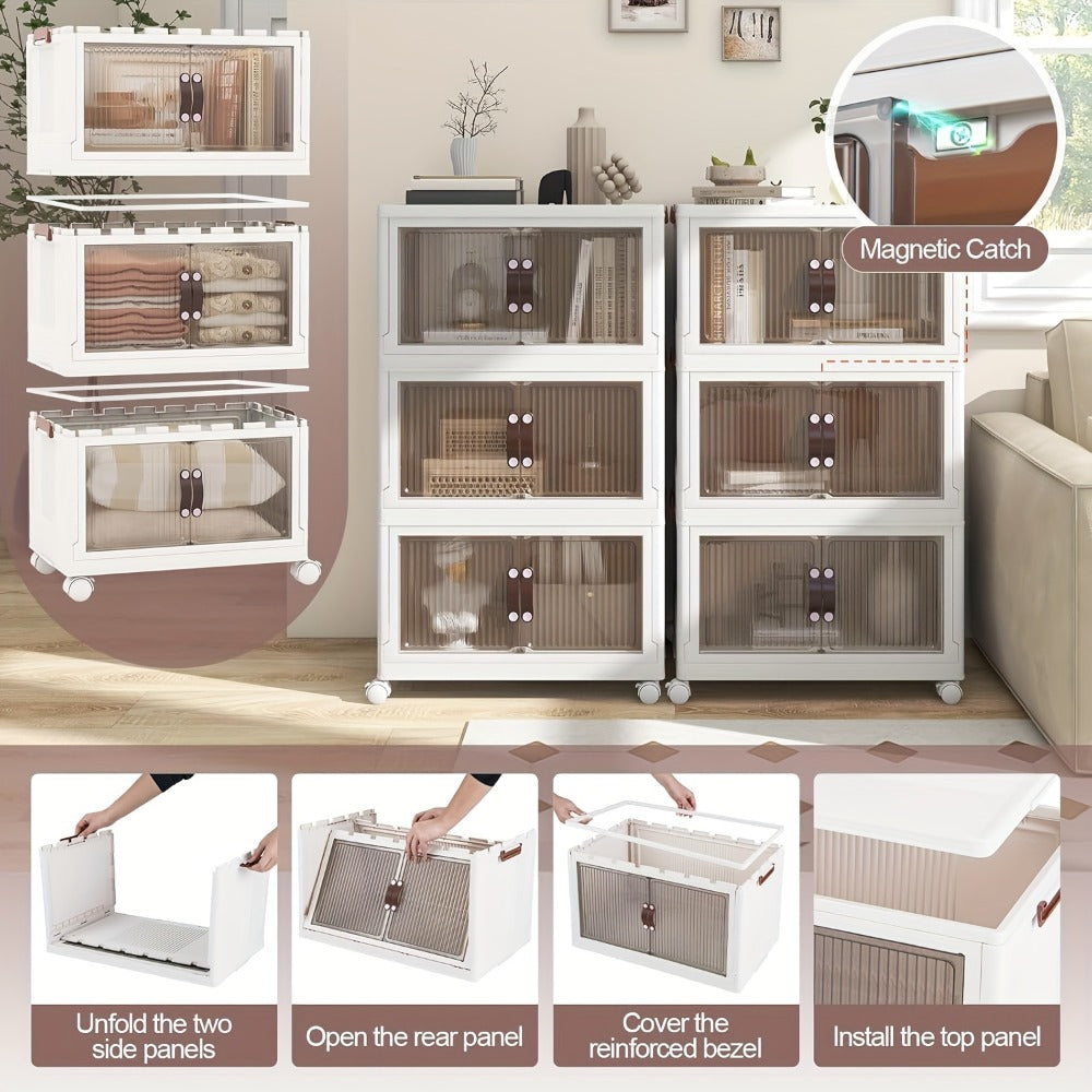 Front-Door Stackable Storage Bin Cabinets with Wheels in One-, Two- or Three-Pack Options for Home Use