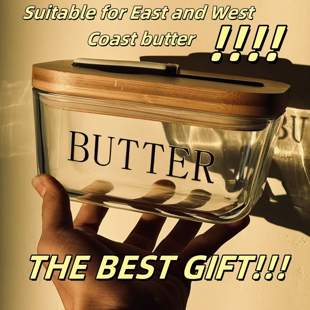 700 ml Clear Glass Butter Dish with Bamboo Lid, Knife Slot and White-Handle Spreader for Counter or Fridge