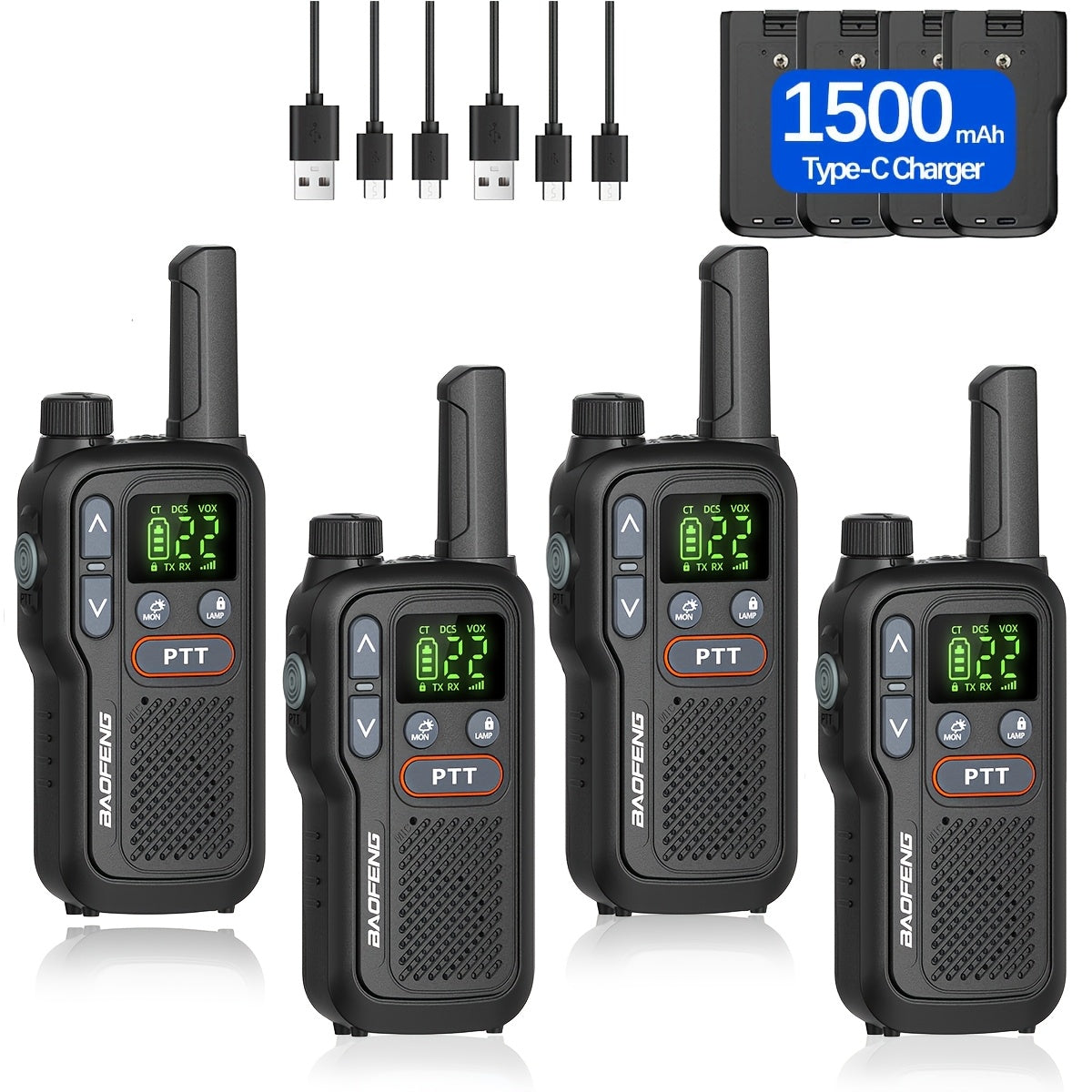 Long Range Walkie Talkies for Adults, BAOFENG 22 FRS Channels LCD Display VOX Hands-Free, USB-C Rechargeable Li-ion Battery, 2-3 Mile Range