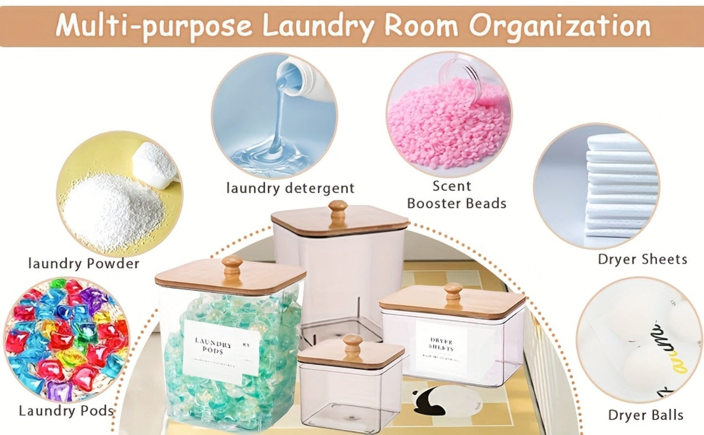 Laundry Pod Containers Set of 4 with Lids Scoops and Labels for Entryways, Bedrooms and Living Spaces