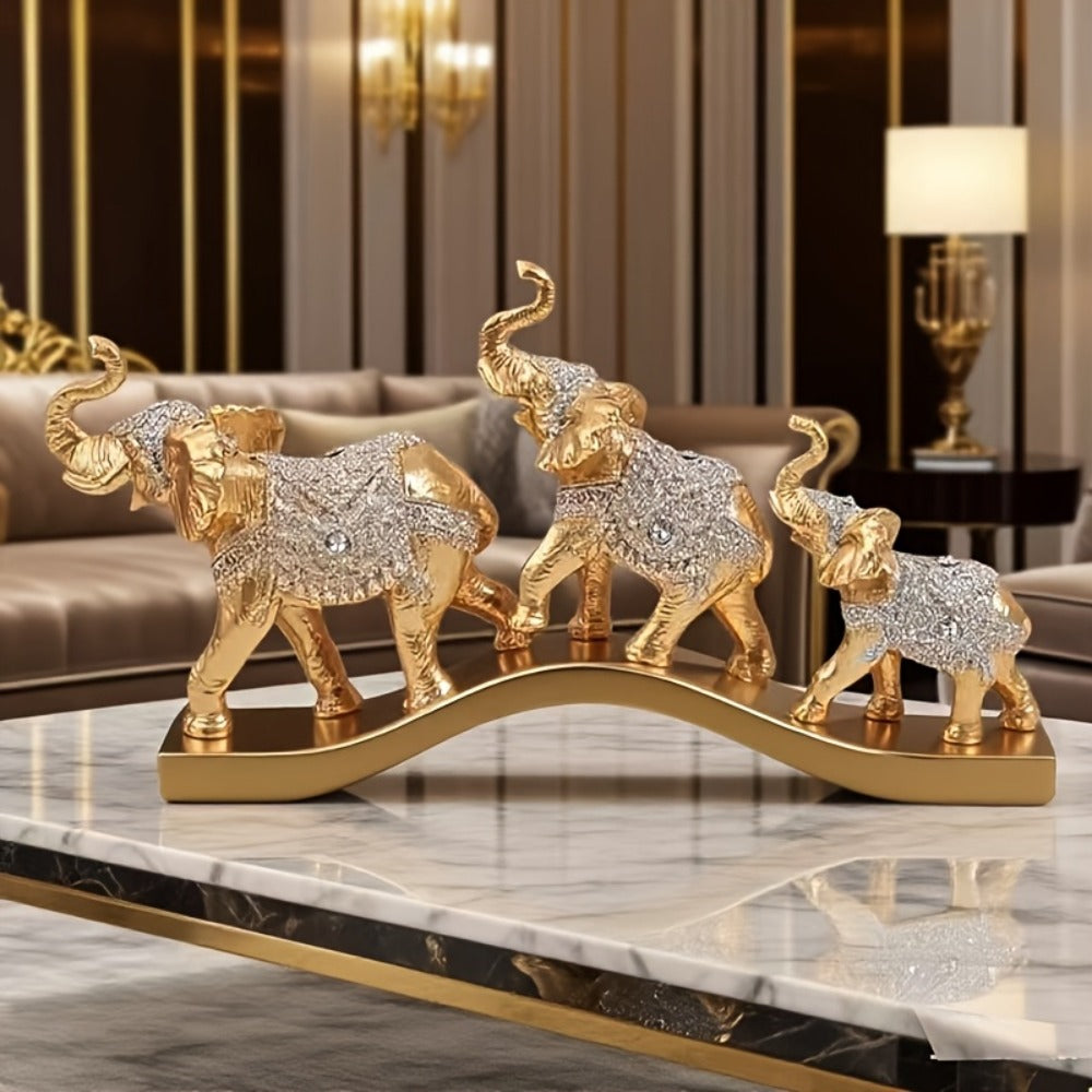 Golden Elephant Figurine Set of 3 – Lucky Elephant Statue Home Decor, Resin Elephant Family Sculpture for Living Room TV Cabinet Office