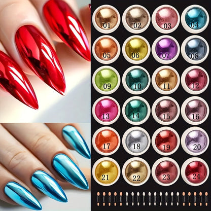 Chrome Nail Powder 24 Colors Set Holographic Mirror Effect Metallic Reflective Glitter Pigment for Gel