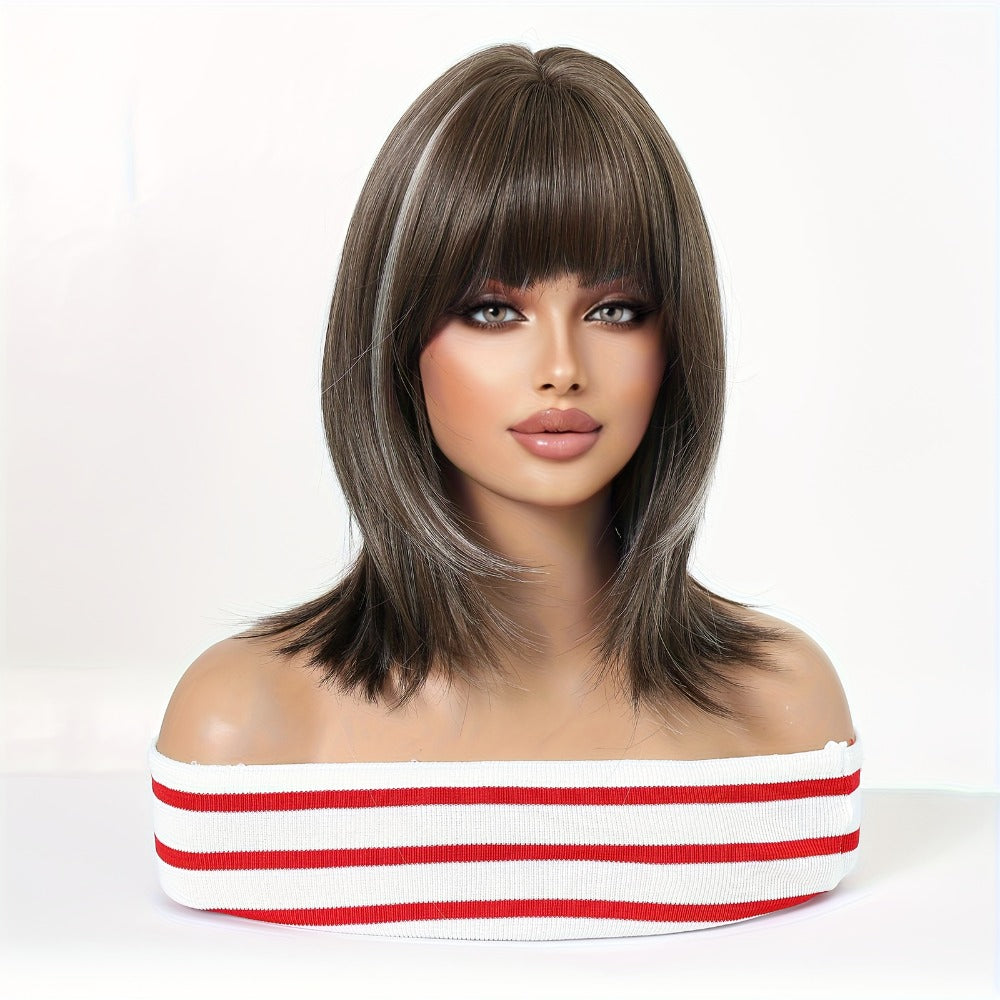 Synthetic Wig 14-Inch Layered Brown Highlight Ombre with Bangs and Rose Net Cap with Item-Specific Color, Length, Texture and Cap Choices