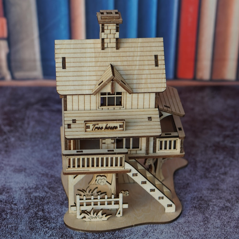 3D Wooden Tree House Puzzle Model Kit with 17 x 12.5 x 11.5 cm Display Size and Detailed Cabin Architecture