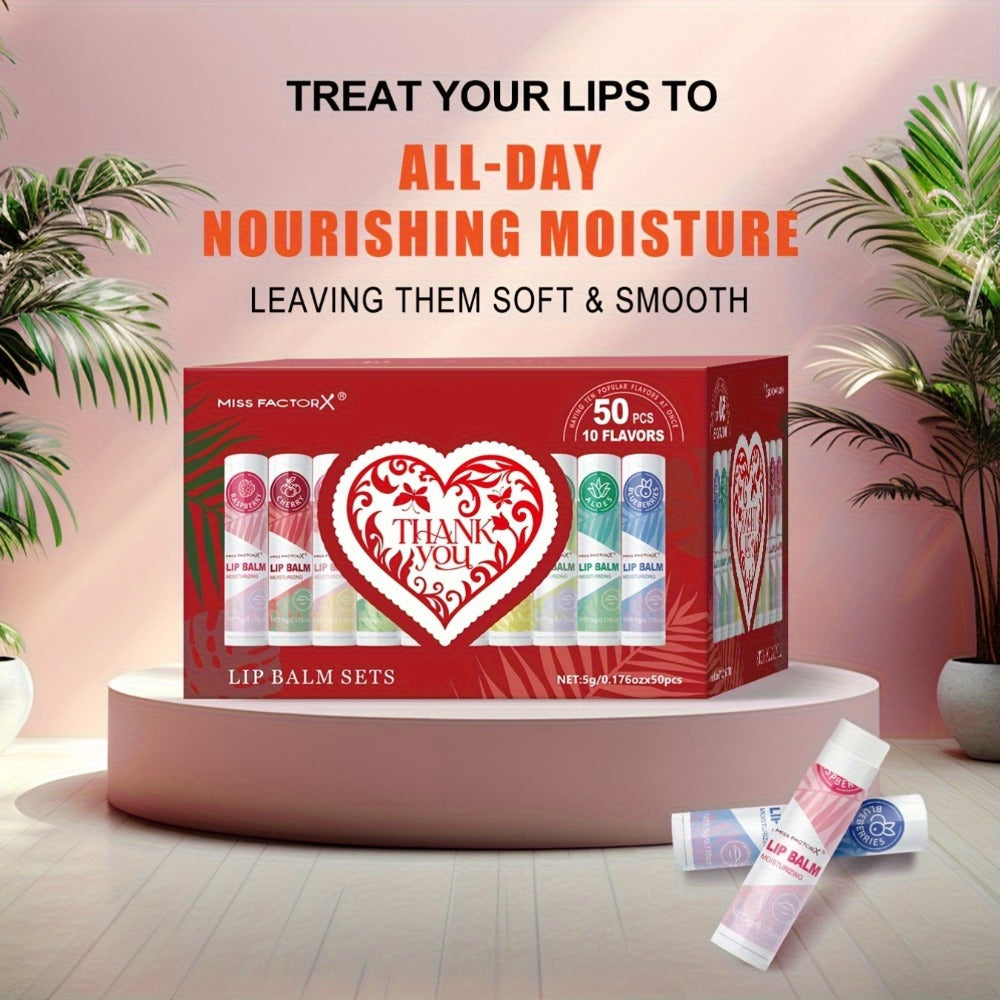 Fruit Flavored Lip Gloss Set 50 Pieces – Moisturizing Lip Balm Kit in 10 Colors, Hydrating Lip Care for Dry & Cracked Lips, Day & Night Use