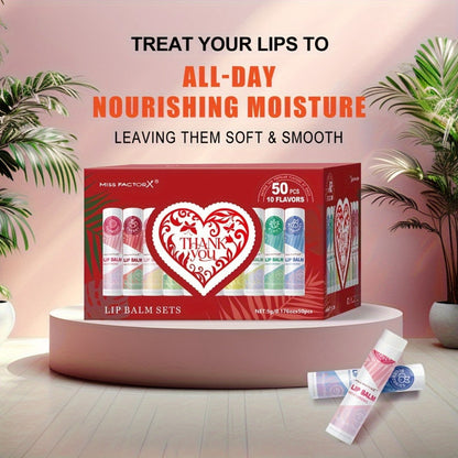 Fruit Flavored Lip Gloss Set 50 Pieces – Moisturizing Lip Balm Kit in 10 Colors, Hydrating Lip Care for Dry & Cracked Lips, Day & Night Use