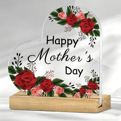 Mother's Day Heart-Shaped Acrylic Sign with Floral Print, 10.8 cm Height and Freestanding Wooden Base