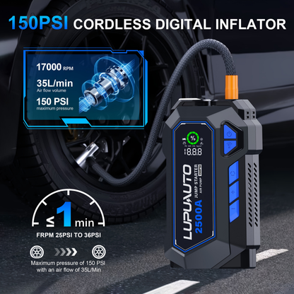 Tire Inflator with Jump Starter 150PSI Dual Cylinder 2X Faster 2500A 15000mAh Power Bank USB-C for Garden, Patio and Yard Use