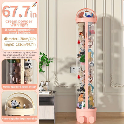 Stuffed Animal Storage Bin Transparent Cylindrical with Zipper, Large Plush Toy Organizer for Kids Bedroom Living Room