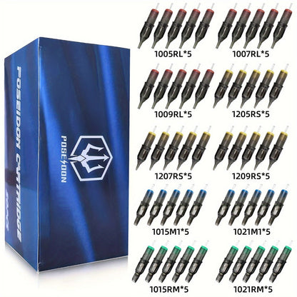 Tattoo Cartridge Needles 50Pcs Assorted - Poseidon TUV 0.30mm Stainless Steel RL RS M1 for Temporary Body Art, Festivals and Costumes