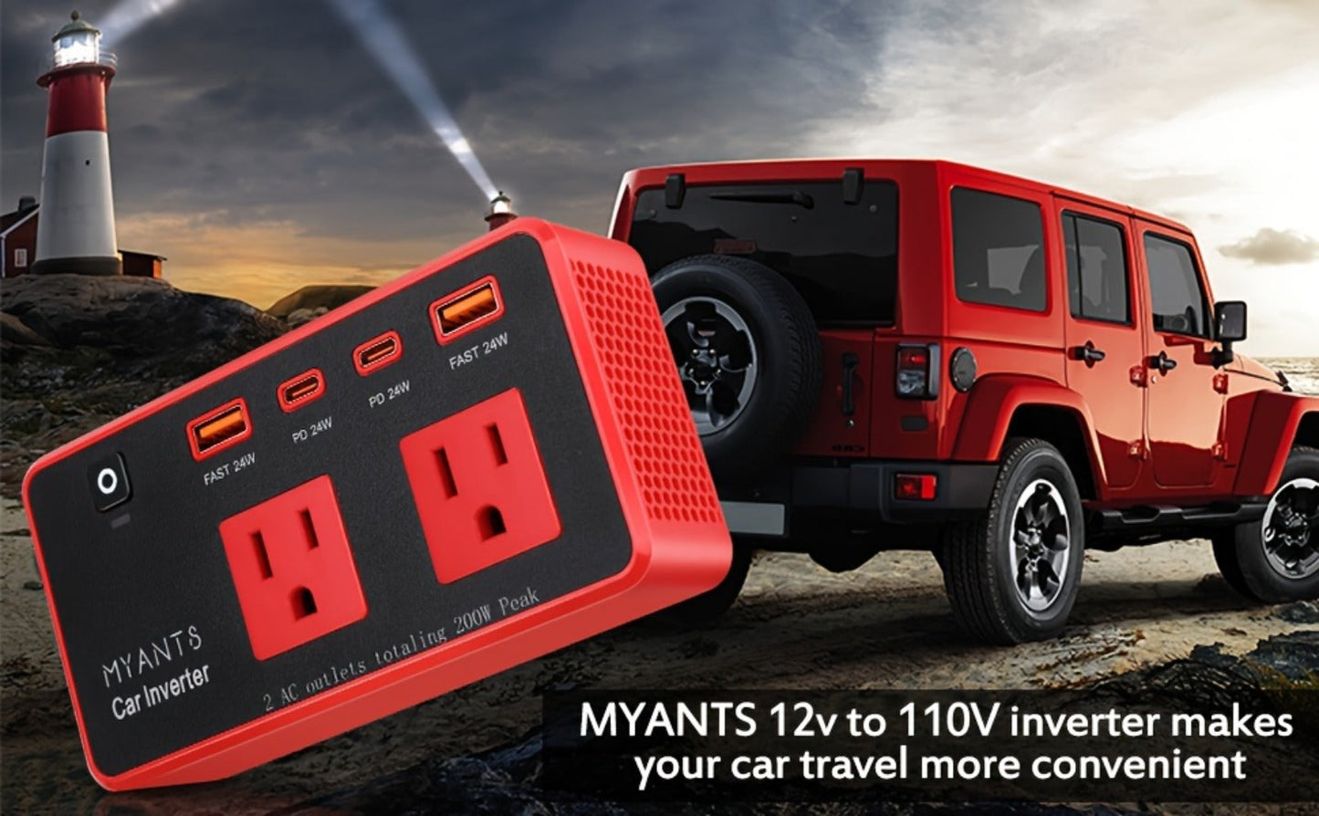 Car Power Inverter 200W – 12V DC to 110V AC, 4 USB Ports (PD & QC 3.0), Fast Charging Car Outlet Adapter for Road Trips