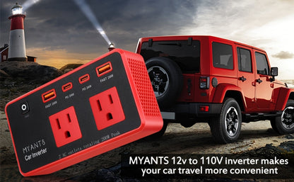 Car Power Inverter 200W – 12V DC to 110V AC, 4 USB Ports (PD & QC 3.0), Fast Charging Car Outlet Adapter for Road Trips