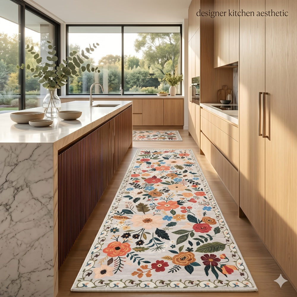 Area Rug for Bedroom, Bohemian Floral Plush Runner with Four Machine-Washable Sizes for Bedroom or Kitchen