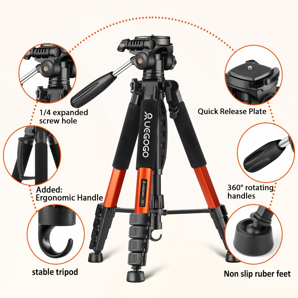 74-Inch Camera Tripod in Red and Black with Pan-and-Tilt Head, Phone Holder, Quick-Release Plate and Carry Bag