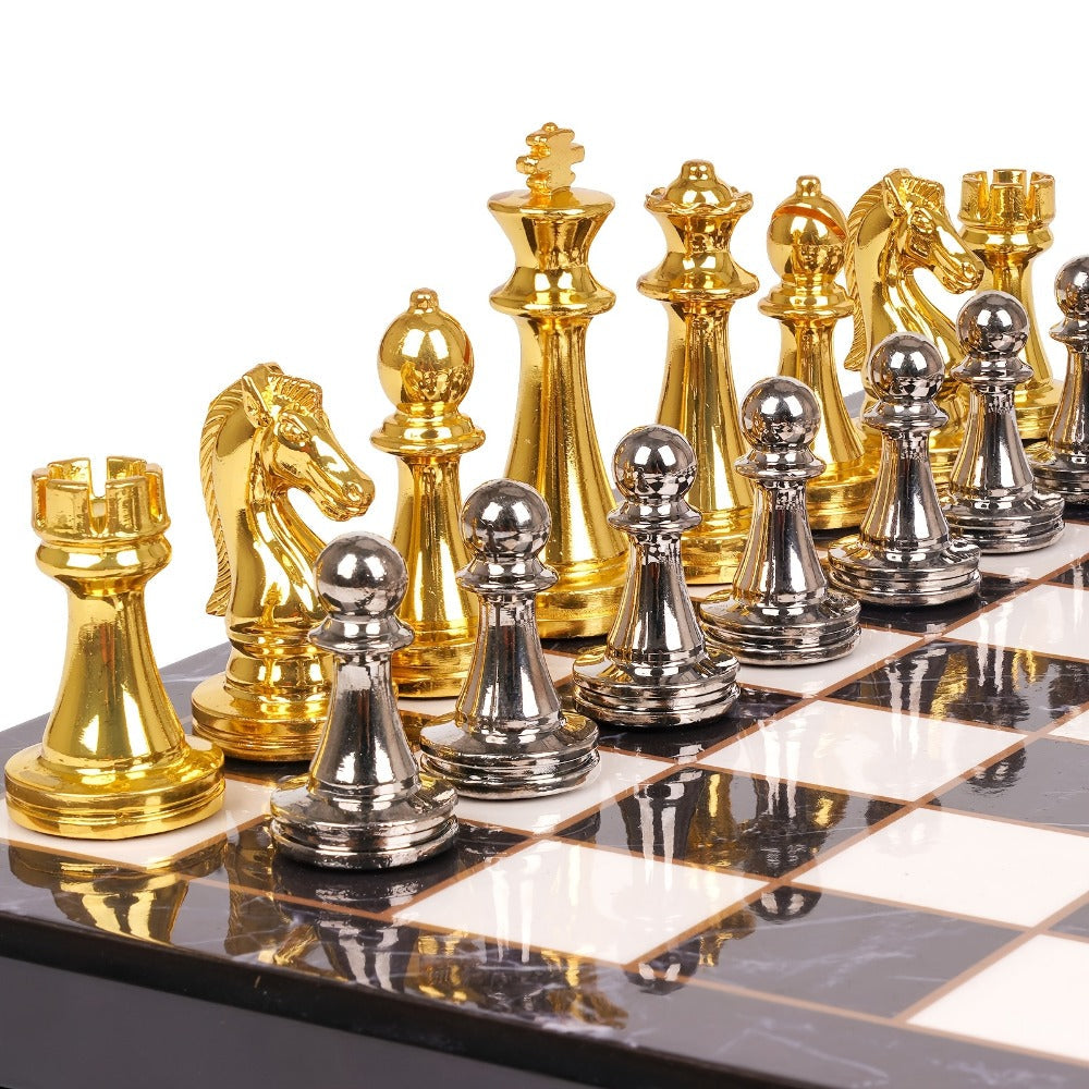 Luxury Metal Chess Set with Marble Board – Zinc Alloy Gunmetal & Gold Pieces Extra Queens 11.5" Elegant Chessboard Gift for Adults Beginners