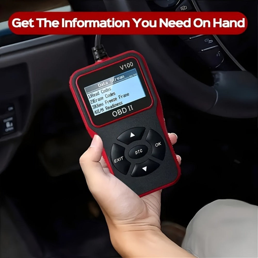 V100 OBD2 Scanner with Four-Line Menu, 12.4 x 7cm Body, Tethered 16-Pin Plug and Four Color Options