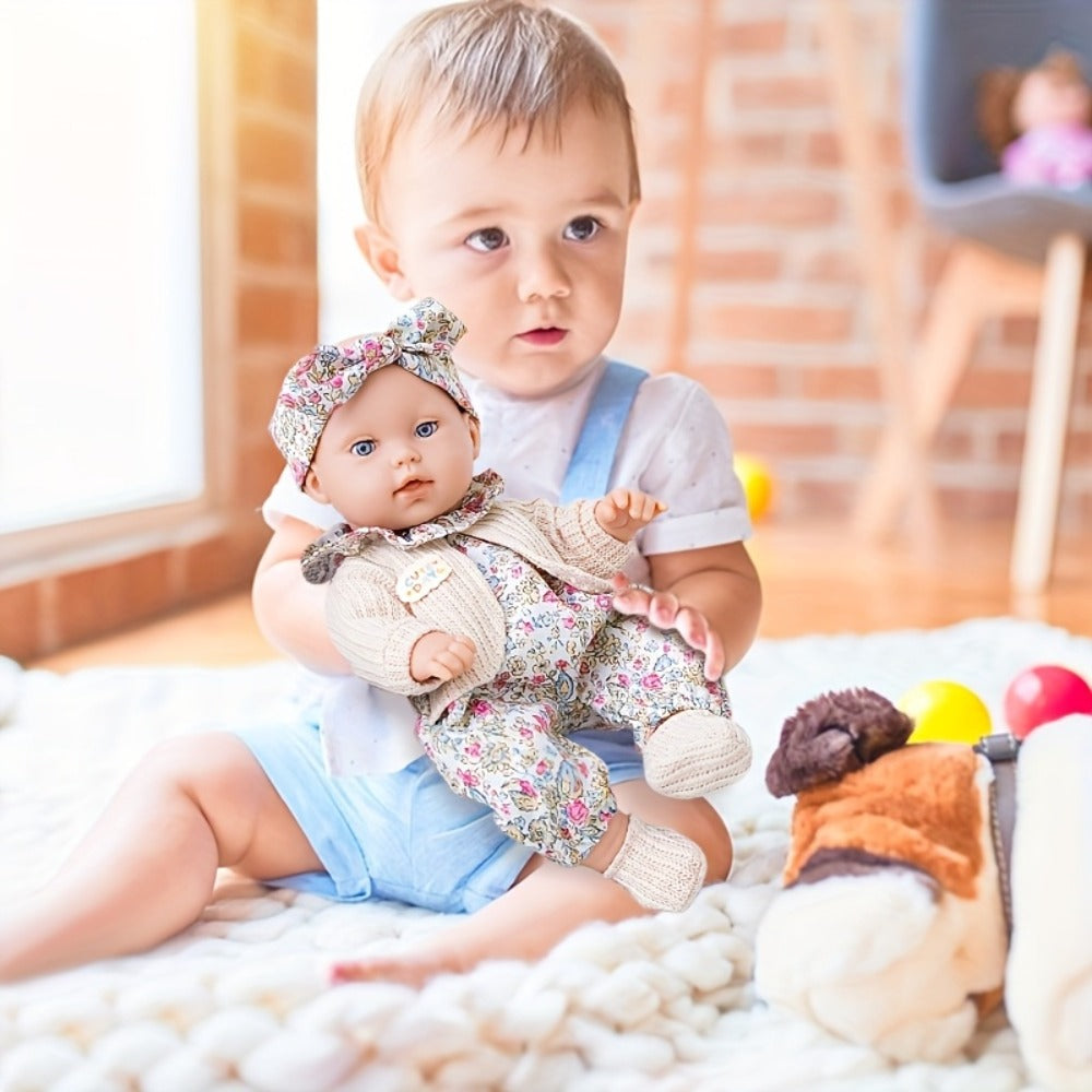 Floral Dress Baby Doll 12 Inch with Rabbit Plush Toy Gift Set, Realistic Vinyl Doll with Floral Outfit