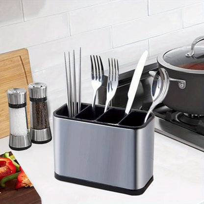 Utensil Holder Stainless Steel Cutlery Organizer 4-Compartment Countertop Caddy Anti-Slip for Home Cooking, Dining and Outdoor Meals