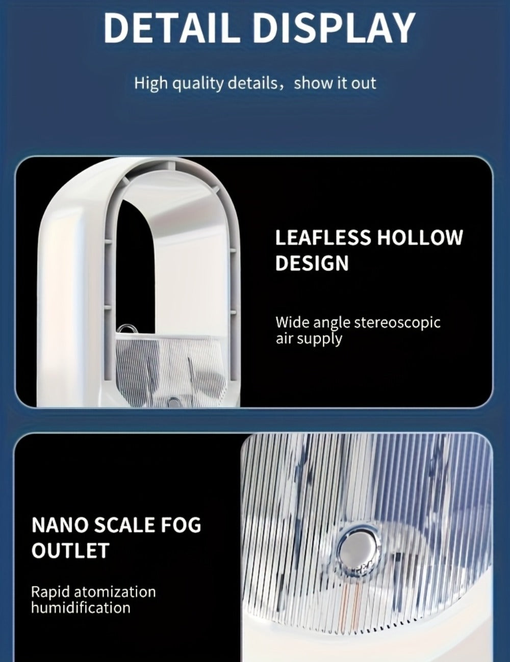 Portable Fan USB-Powered Bladeless Tower Model with Water Mist, Remote, Touch Controls and LED Light