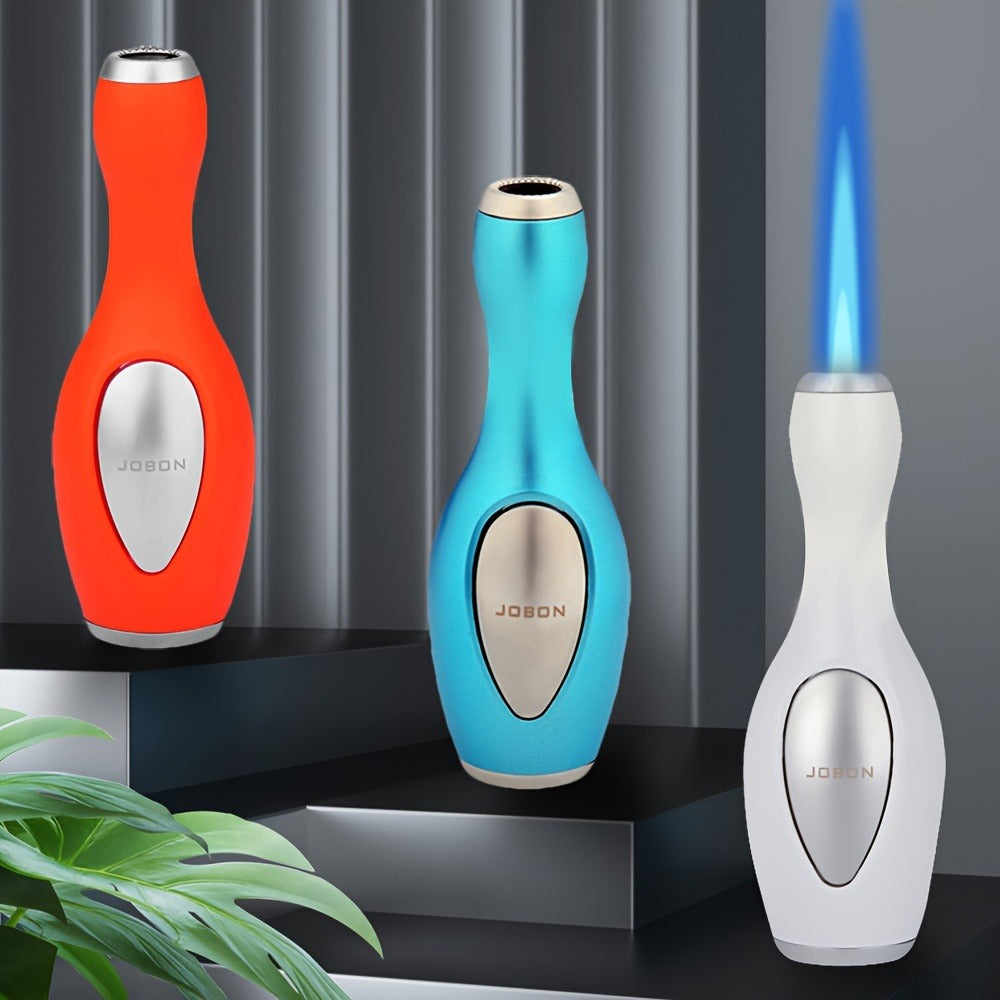 Bowling-Pin-Shape Jet-Flame Butane Lighter with Push-Button Ignition in Two White Checkout Options