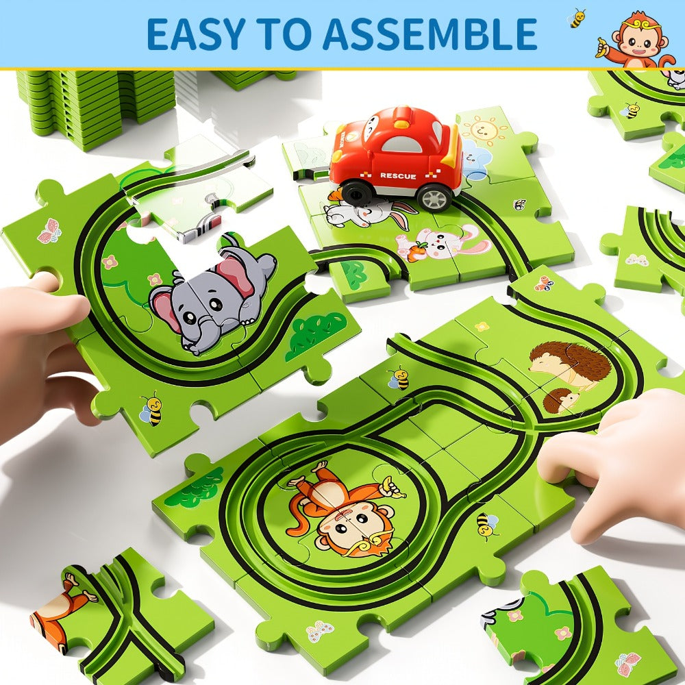 Jigsaw Puzzle Race Track Car Set Toy for Boys Kids, 39 56 73 PCS Flexible Building Track with Toy Cars