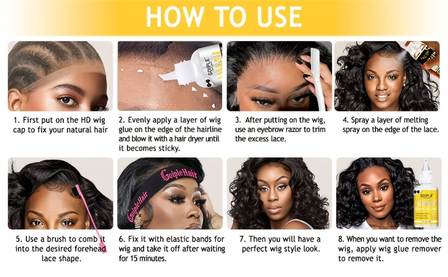 Lace Wig Installation Kit, 10-Piece Set with Melting Spray, Liquid Bottles, Bands, Caps, Combs and Brushes