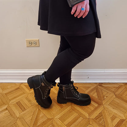 Women's Motorcycle Riding Boots, Low Heel Lace-Up Ankle Booties with Side Zipper, Non-Slip Rubber Sole Biker Combat Boots in Black Faux
