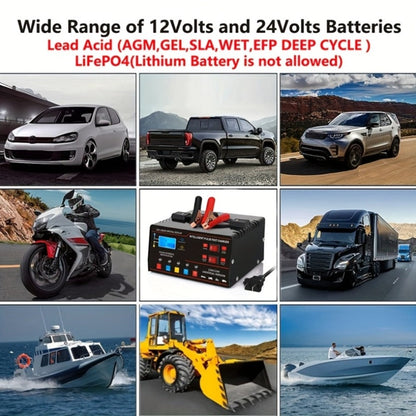 AF01 12 V and 24 V Battery Charger with LCD Display, Alligator Clamps, Carry Handle and Cooling Fan