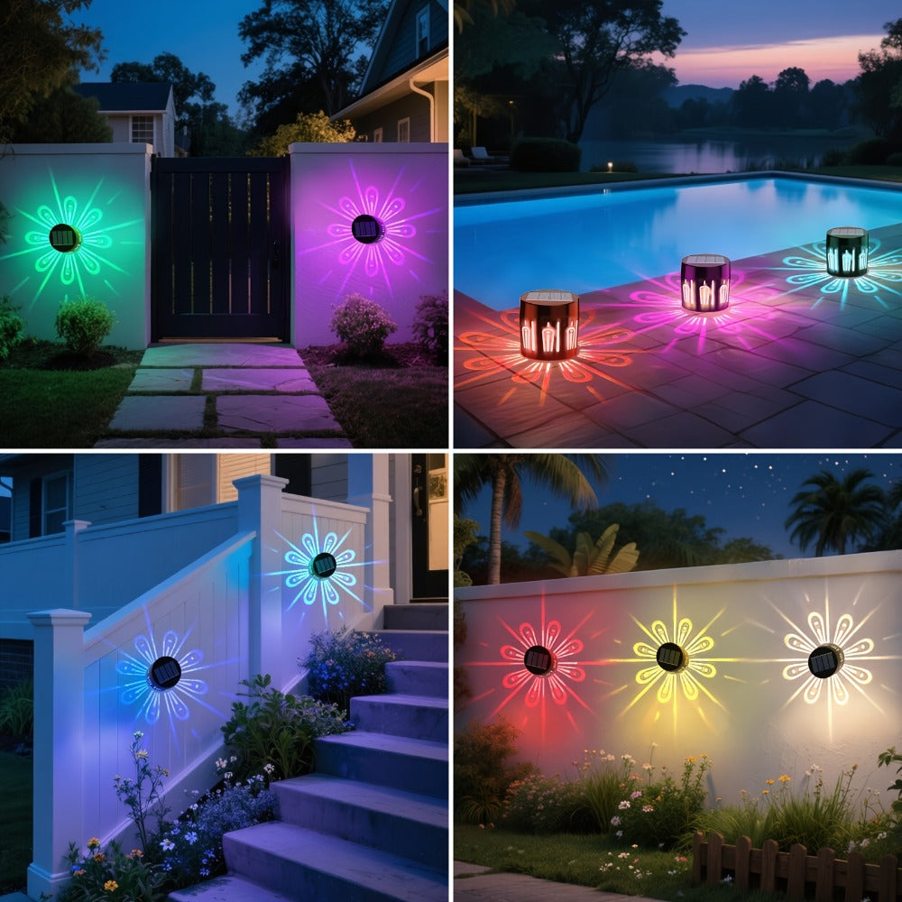Two-Piece Solar Flower Projection Wall Light Set with Multicolor or Warm White Illumination