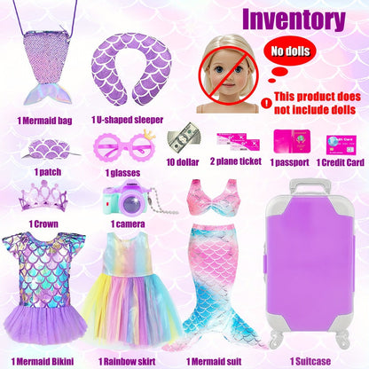 Twenty-Piece Mermaid Travel Accessory Set for 18-Inch Dolls with Purple Suitcase, Skirts and Crown