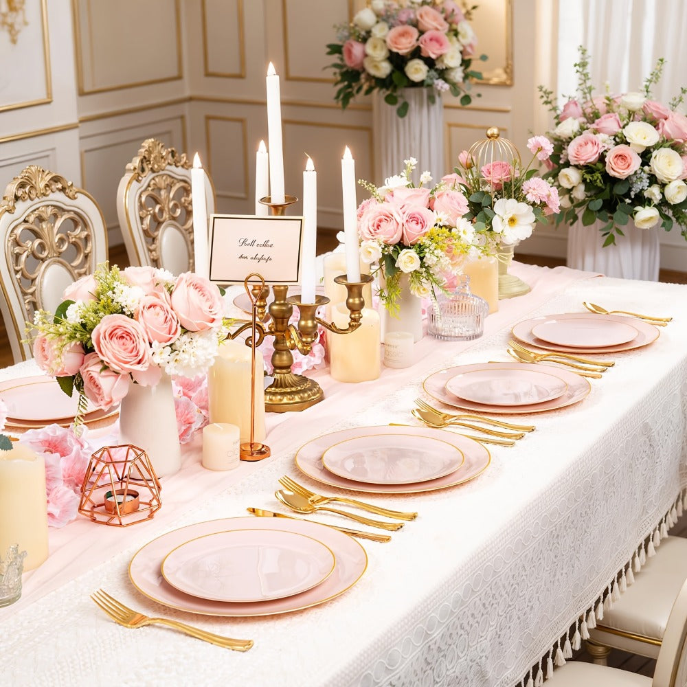 Disposable Plastic Plates Set 50 Piece – Pink Gold Rim Party Tableware with Dinner Plates, Dessert Plates & Utensils for Birthday Wedding
