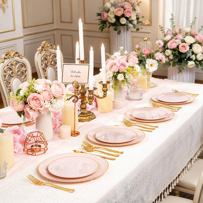 Disposable Plastic Plates Set 50 Piece – Pink Gold Rim Party Tableware with Dinner Plates, Dessert Plates & Utensils for Birthday Wedding