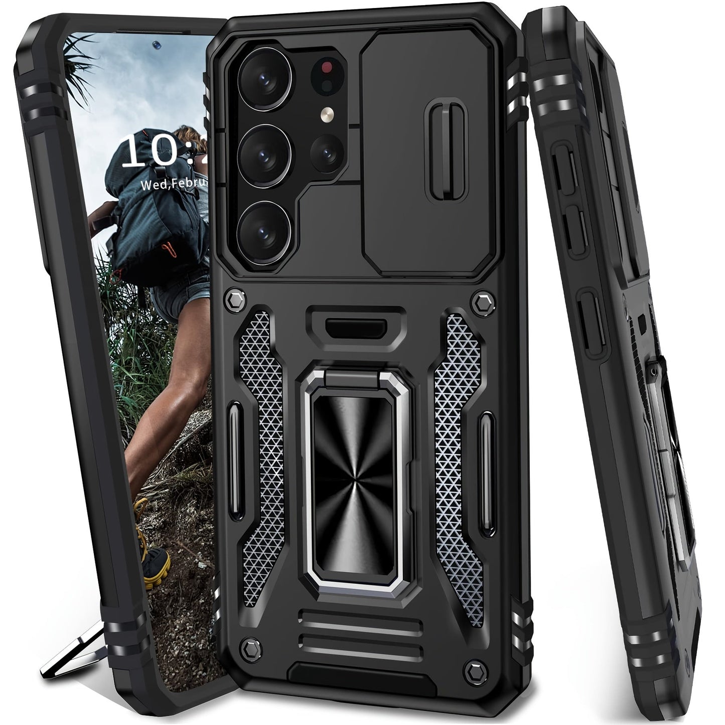 Samsung Galaxy Shockproof Magnetic Phone Case with 360° Rotating Ring Bracket & Sliding Lens Protector – Heavy Duty Cover for S24FE S23FE