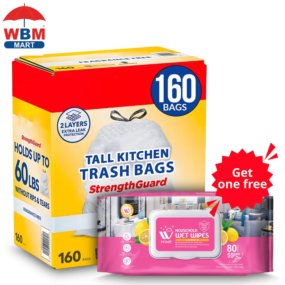 13-Gallon White Drawstring Trash Bags, Fragrance-Free 160-Count Box with Liners for Tall Kitchen Cans