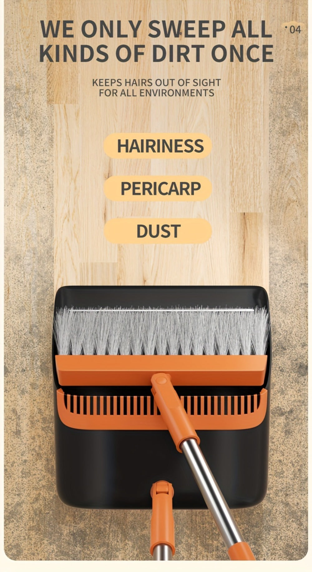 Folding Broom and Dustpan Set with Sectioned Handle, Rotating Head and Nine Blue, Orange or Khaki Checkout Options