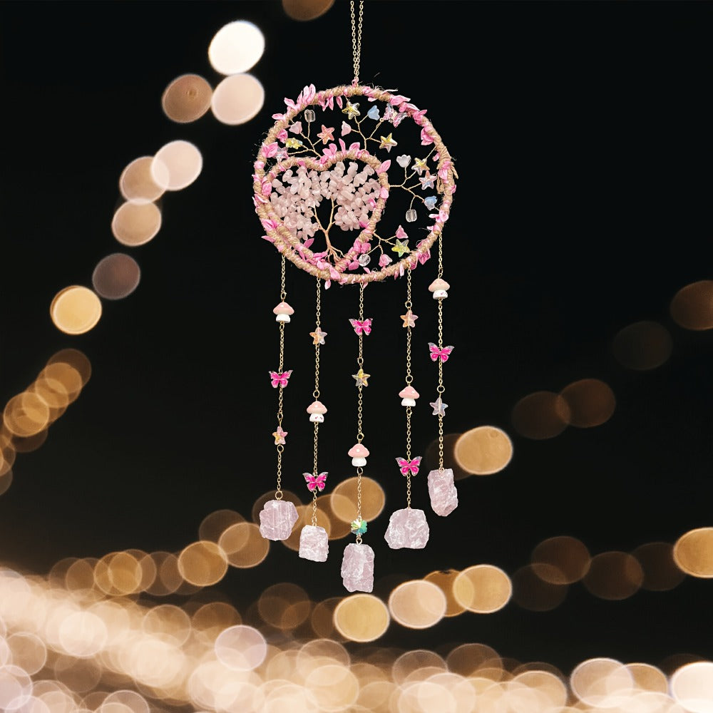 Boho Crystal Wall Hanging Decor – Handmade Stone Bead Wind Chime with Colorful Gemstone Heart & Circular Crystal Pendant for Bedroom Living