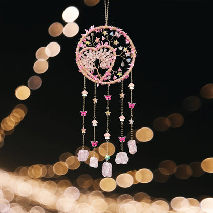 Boho Crystal Wall Hanging Decor – Handmade Stone Bead Wind Chime with Colorful Gemstone Heart & Circular Crystal Pendant for Bedroom Living