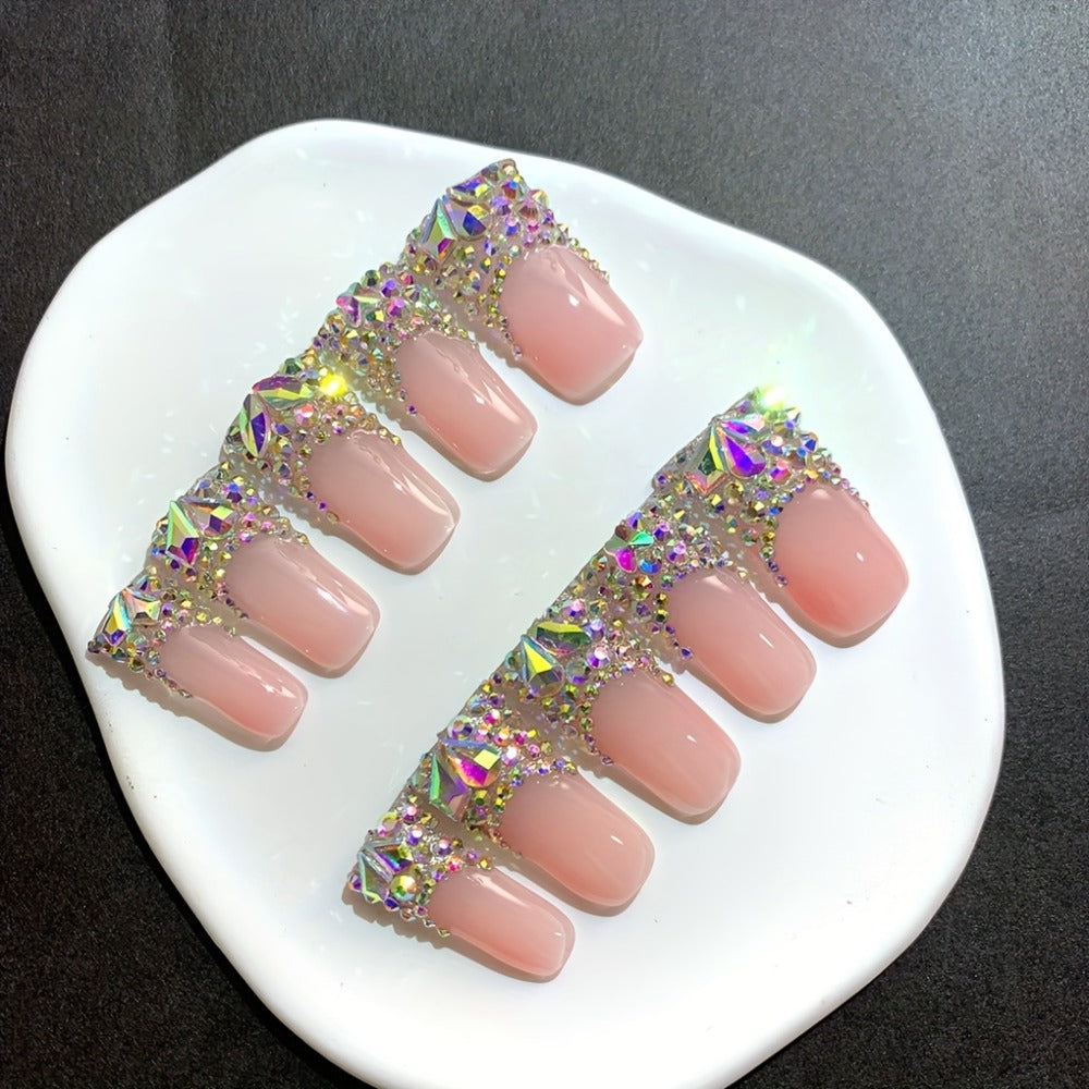 Press On Nails 10-Piece Long Duckbill Set with Nude French Tips, AB Diamond Finish and Nail Tools