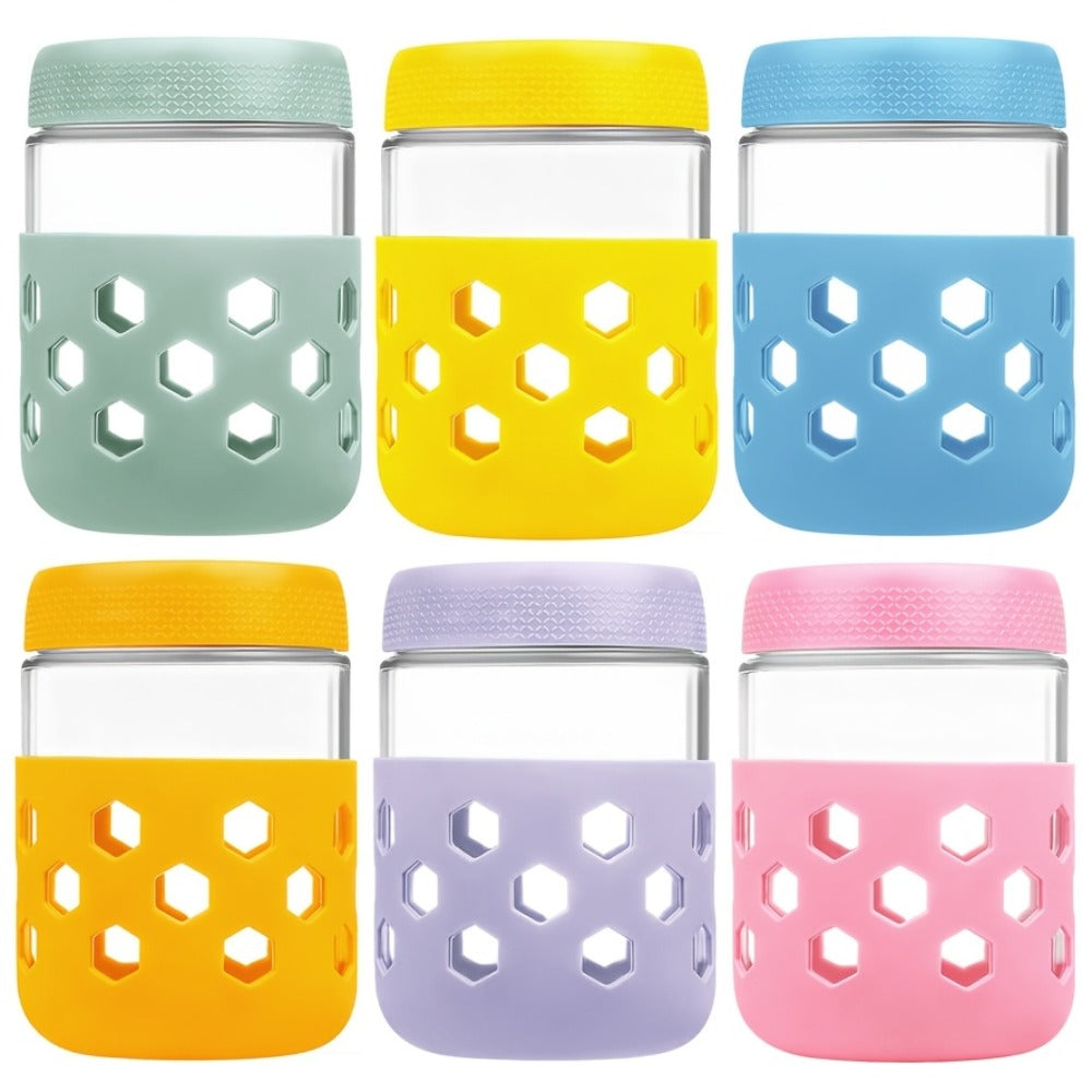 Glass Jar Food Storage Organizer Six-Pack with 16oz Screw-Top Jars and Optional Silicone Sleeves