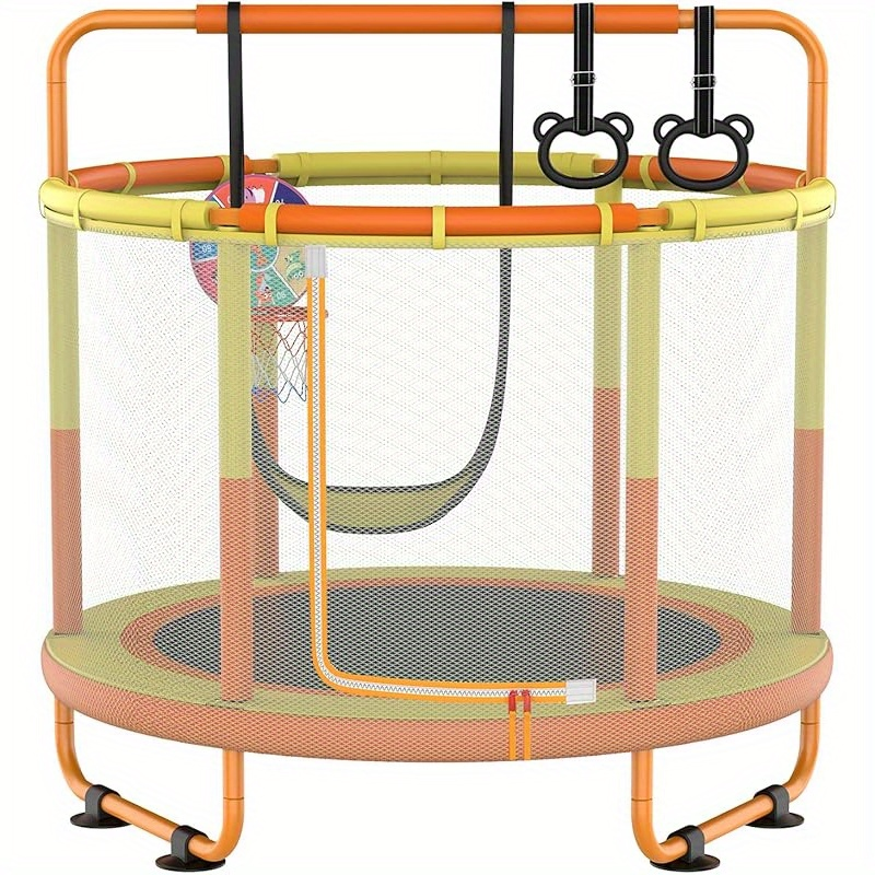 60 Inch Kids Trampoline 6-in-1 with Safety Net Enclosure, Basketball Hoop, Swing, Dart Board & Gymnastic Rings