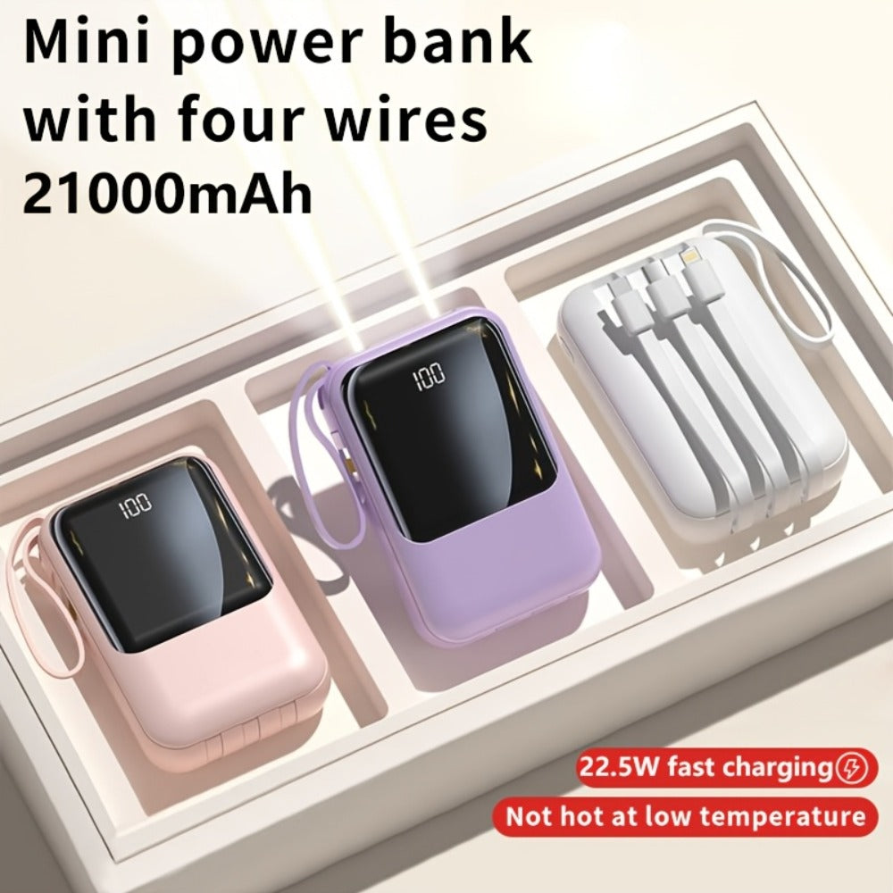 Power Bank 21000mAh Mini with 5W or 22.5W Power Options, Built-In Cable Set and LED Display