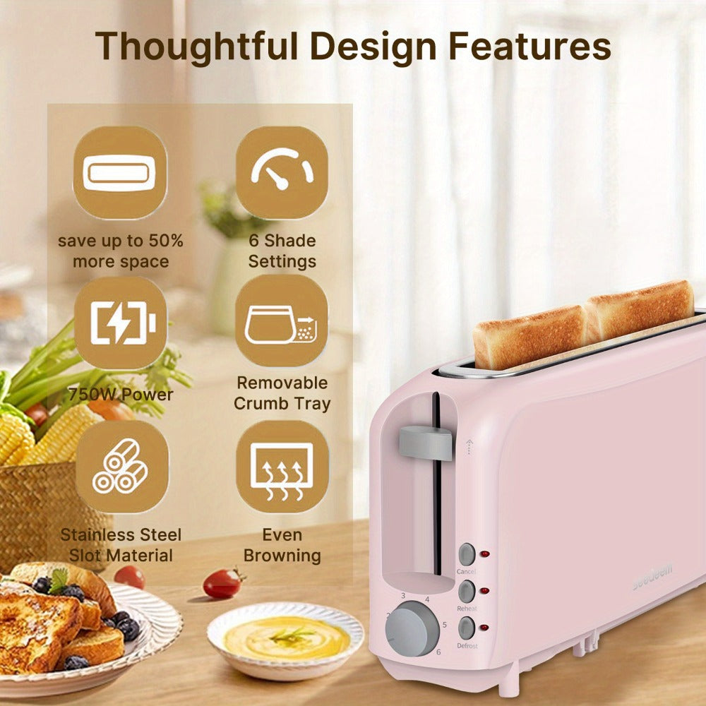 2 Slice Slim Toaster with 6 Shade Settings, Cancel Reheat Defrost Functions, Removable Crumb Tray – Compact 750W Bread Toaster for Kitchen