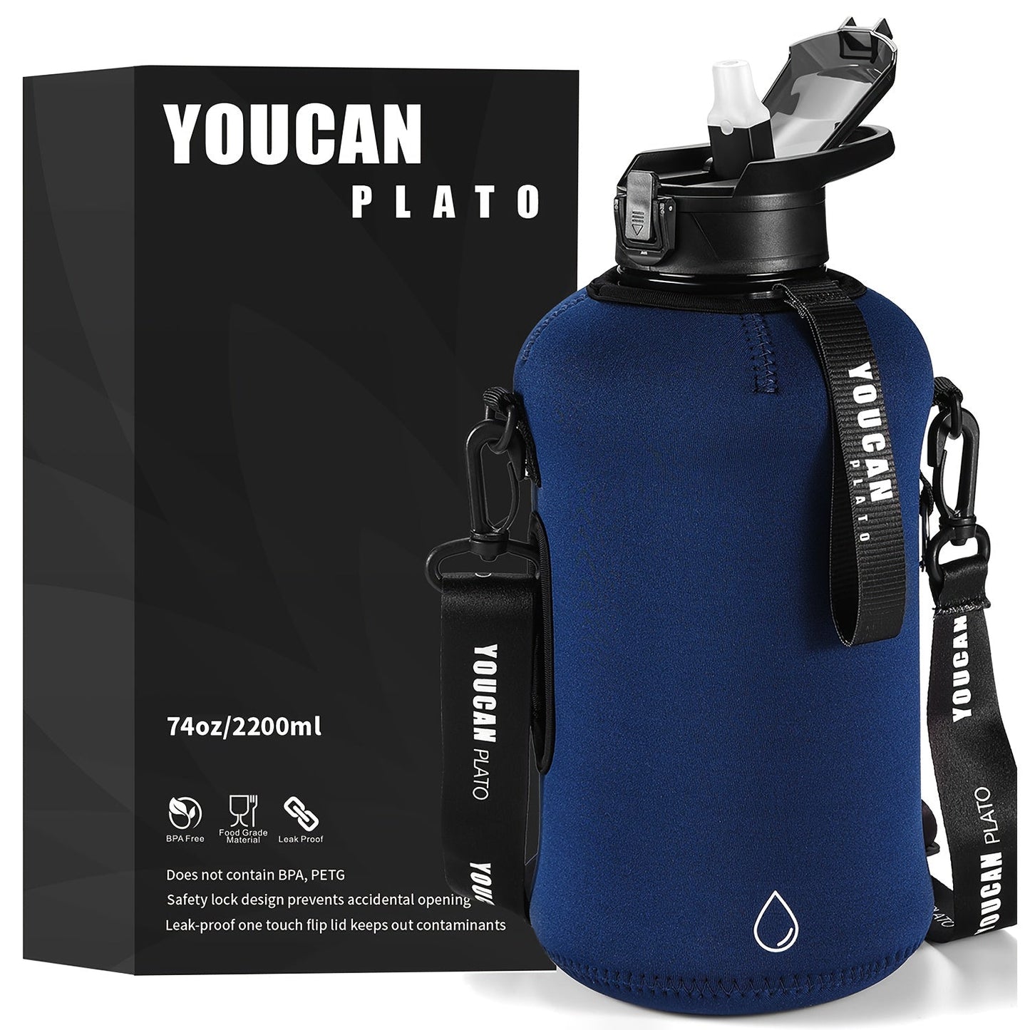 Half Gallon Water Bottle 74oz with Insulated Sleeve, Straw & Time Marker – BPA Free Leakproof Large Sports Jug with Carrying Handle & Strap