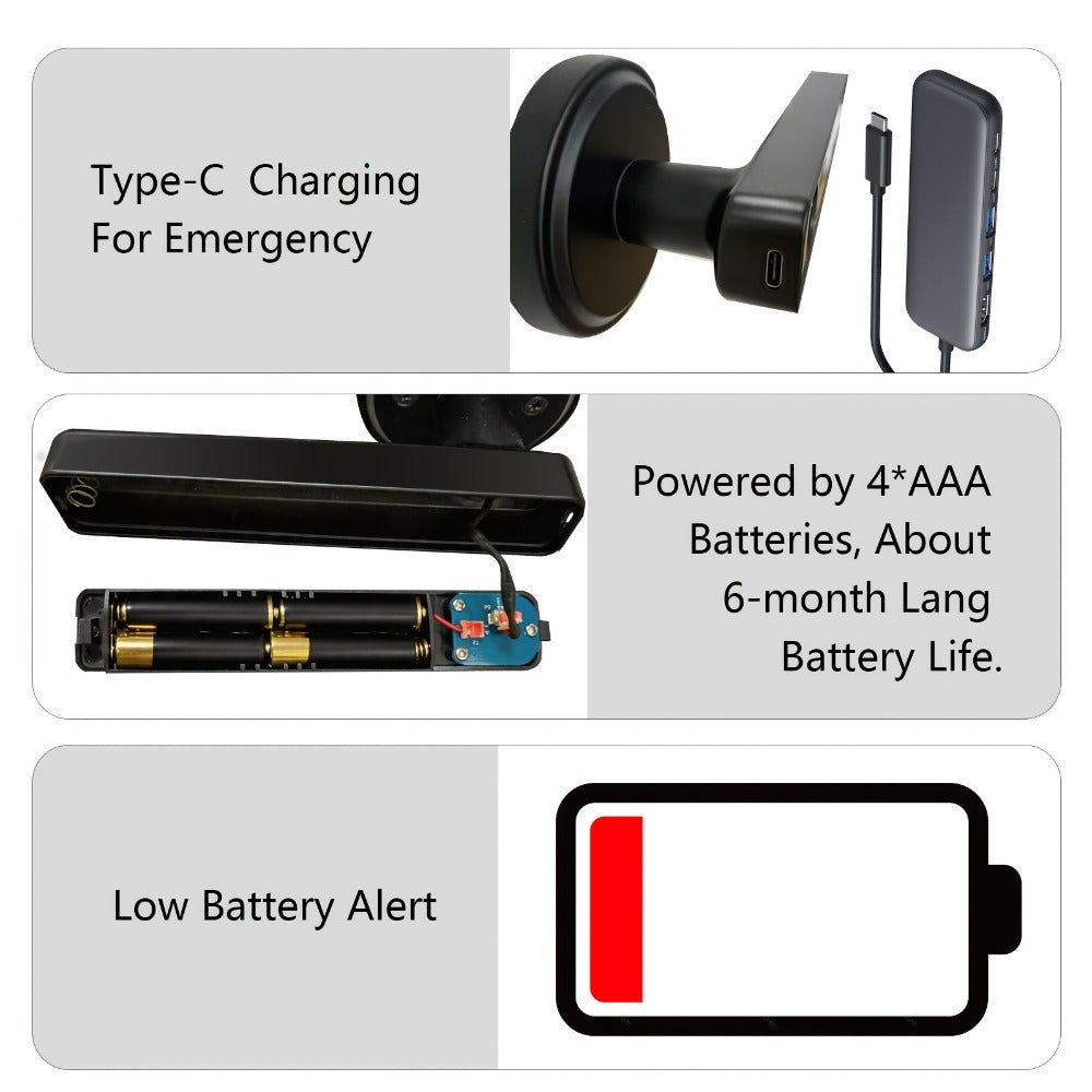 Smart Door Lock Handle with Fingerprint PIN IC Card and Key Access plus Four AAA Power and Type-C Port