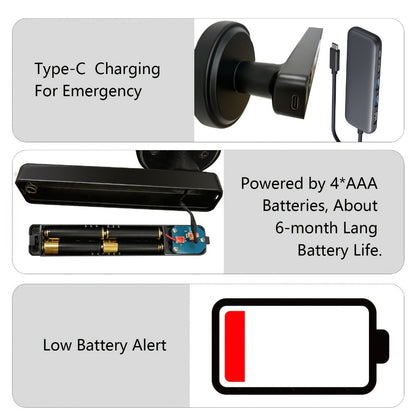 Smart Door Lock Handle with Fingerprint PIN IC Card and Key Access plus Four AAA Power and Type-C Port