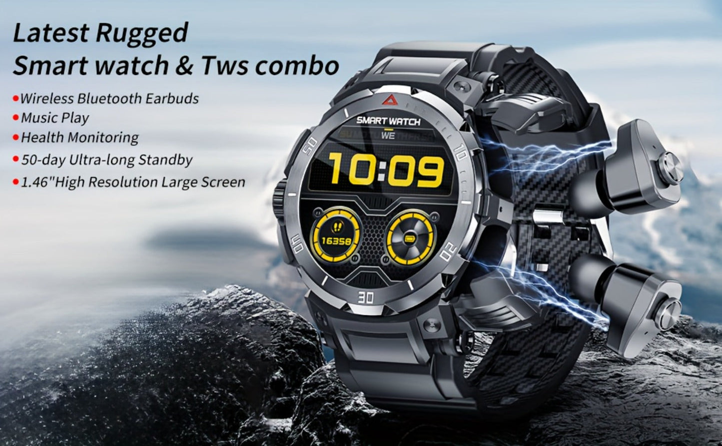 Smartwatch 2-in-1 with Built-In Earphones, 1.46 Inch IPS Touchscreen and 100 Sport Modes with Extra Strap