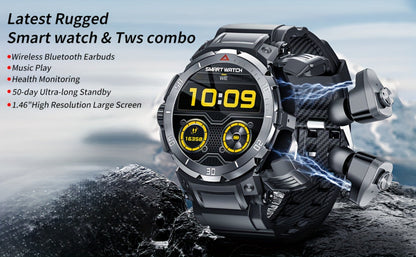 Smartwatch 2-in-1 with Built-In Earphones, 1.46 Inch IPS Touchscreen and 100 Sport Modes with Extra Strap